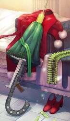 ammunition_belt assault_medicine bed buttons closed_umbrella coat commentary fate/grand_order fate_(series) fur-trimmed_coat fur_trim green_ribbon green_umbrella gun hat high_heels indoors lapels large_syringe light_particles no_humans official_art oversized_object pom_pom_(clothes) red_coat red_hat red_shoes ribbon rifle sakumamitsuro santa_hat shoes still_life suitcase syringe third-party_source umbrella unworn_clothes unworn_coat unworn_hat unworn_headwear unworn_shoes weapon weapon_focus weapon_request