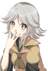 Rule 34 | 1girl, ascot, black kimono, breasts, brown ascot, brown jacket, commentary request, genderswap, genderswap (otf), green trim, grey eyes, grey hair, hand on own face, highres, houlen yabusame, jacket, japanese clothes, kimono, layered sleeves, len&#039;en, medium hair, open mouth, ougi hina, simple background, small breasts, solo, upper body, white background