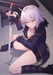 Rule 34 | 1girl, ahoge, arm up, black dress, black footwear, blue jacket, blush, boots, breasts, brown eyes, cleavage, commentary request, dress, fate/grand order, fate (series), feet out of frame, from above, fur-trimmed sleeves, fur trim, hair between eyes, high heel boots, high heels, highres, holding, holding sword, holding weapon, ibuki notsu, indoors, jacket, jeanne d&#039;arc (fate), jeanne d&#039;arc alter (fate), jeanne d&#039;arc alter (ver. shinjuku 1999) (fate), large breasts, long sleeves, official alternate costume, open clothes, open jacket, parted lips, planted, planted sword, planted weapon, shadow, short dress, short hair, silver hair, sitting, solo, sword, table, thighs, tsurime, weapon, wicked dragon witch ver. shinjuku 1999