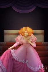 Rule 34 | 1girl, absurdres, bowing, breasts, clothes pull, dress, dress pull, closed eyes, hand up, highres, jewelry, long sleeves, necklace, nintendo, pink dress, princess zelda, red hair, short hair, solo, the legend of zelda, tiara, zelda ii: the adventure of link