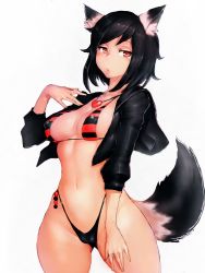 Rule 34 | 1girl, :&lt;, animal ear fluff, animal ears, arm up, bikini, black bikini, black hair, breasts, breasts apart, eyebrows hidden by hair, eyelashes, fox ears, fox tail, fumio (rsqkr), half-closed eyes, heart, heart necklace, highleg, highleg bikini, highres, hip focus, jacket, jewelry, long hair, looking at viewer, medium breasts, navel, necklace, parted lips, red bikini, red eyes, simple background, solo, string bikini, striped bikini, striped clothes, swept bangs, swimsuit, tail, thighs, white background
