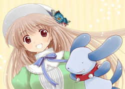 Rule 34 | 00s, 1girl, :d, brown eyes, brown hair, collar, dog, flower, hanato kobato, hat, hat flower, ioryogi, kobato., long hair, looking at viewer, neck ribbon, open mouth, patoto, ribbon, smile, solo, spiked collar, spikes, stuffed animal, stuffed toy, upper body