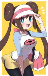 Rule 34 | 1girl, bag, blue eyes, brown hair, creatures (company), double bun, game freak, hair bun, hand on headwear, hat tip, highres, low twintails, nintendo, open mouth, pantyhose, pokemon, pokemon bw2, ransusan, rosa (pokemon), shorts, simple background, smile, solo, twintails, visor cap, yellow background