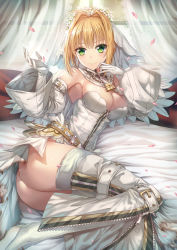 Rule 34 | 1girl, ass, belt, blonde hair, blush, breasts, chain, cleavage, closed mouth, commentary, curtains, day, detached collar, elbow gloves, fate/grand order, fate (series), gloves, green eyes, hair intakes, hand up, hands up, highres, large breasts, legs together, leotard, lock, looking at viewer, luzi, lying, nero claudius (bride) (fate), nero claudius (fate), nero claudius (fate) (all), no panties, on bed, on side, padlock, petals, showgirl skirt, sidelocks, skirt, smile, solo, thighhighs, thighs, white leotard, white skirt, white thighhighs, window, zipper