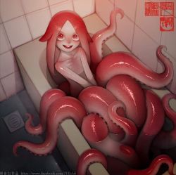 Rule 34 | 1girl, bathtub, drain (object), indoors, looking at viewer, monster girl, nude, original, red eyes, scylla, solo, tentacle hair, tentacles, tile wall, tiles, watermark, web address, wet, zhaoyebai