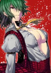 Rule 34 | 1girl, arched back, arm belt, ascot, breasts, collared shirt, dress shirt, floating hair, green hair, hair over one eye, high-waist skirt, juliet sleeves, kazami yuuka, large breasts, light smile, long sleeves, looking at viewer, medium hair, no bra, open clothes, open shirt, plaid, plaid skirt, plaid vest, puffy sleeves, red background, red eyes, red skirt, red vest, shirt, sidate, skirt, solo, torn clothes, touhou, upper body, vest, white shirt, wing collar, yellow ascot