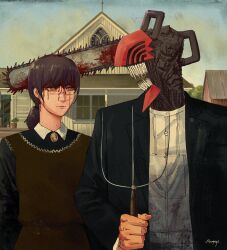 Rule 34 | 1boy, 1girl, absurdres, american gothic, architecture, black jacket, blood, blood on face, chainsaw, chainsaw man, collared shirt, denji (chainsaw man), dress, fine art parody, gothic architecture, highres, holding, holding pitchfork, house, jacket, kenzarts1, looking at another, outdoors, parody, pitchfork, scar, scar on face, shirt, signature, standing, upper body, white shirt, yellow eyes, yoru (chainsaw man)