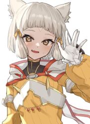 Rule 34 | 1girl, animal ear fluff, animal ears, blush, bodysuit, brown eyes, commentary request, facial mark, fang, gloves, grey hair, hand up, long sleeves, mia cbx, nia (xenoblade), puffy long sleeves, puffy sleeves, short hair, simple background, sleeves past wrists, smile, solo, upper body, white background, white gloves, xenoblade chronicles (series), xenoblade chronicles 2, yellow bodysuit