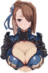 Rule 34 | 10s, 1girl, armor, beatrix (granblue fantasy), blush, breasts, brown eyes, brown hair, cleavage, cleavage cutout, clothing cutout, female focus, granblue fantasy, hair over one eye, hair ribbon, large breasts, long hair, looking at viewer, navel, ribbon, shoohee, solo, upper body