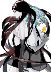 Rule 34 | 2others, androgynous, back-to-back, black hair, bort, collared shirt, colored eyelashes, colored skin, crystal hair, diamond (houseki no kuni), elbow gloves, closed eyes, flower, from side, gloves, high collar, highres, holding, holding flower, houseki no kuni, long hair, multiple others, o lo3253, opposing sides, other focus, serious, shirt, short hair, shorts, suspender shorts, suspenders, very long hair, white shirt, white skin