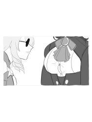 Rule 34 | 2girls, ascot, breasts, clorinde (genshin impact), commentary, drill hair, drill sidelocks, genshin impact, greyscale, head out of frame, highres, medium breasts, monochrome, multiple girls, navia (genshin impact), shirt, sidelocks, soupowuahq, sunglasses