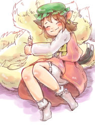 Rule 34 | 1girl, ^ ^, animal ears, bloomers, blush, brown hair, cat ears, cat tail, chen, closed eyes, earrings, green hat, hat, hugging own tail, hugging tail, jewelry, multiple tails, nekotsuki, short hair, smile, solo, tail, touhou, underwear, yakumo ran