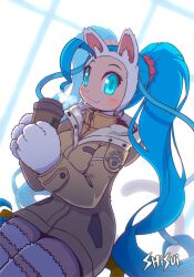 Rule 34 | 1girl, animal ears, animal hands, blue eyes, blue hair, breasts, cat ears, cat tail, coffe, felicia (vampire), jacket, long hair, long sleeves, medium breasts, shisui, sitting, solo, tail, twintails, vampire (game), very long hair, white fur
