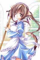 Rule 34 | 1girl, animal ears, broom, brown hair, cat ears, cat tail, izumi yura, maid, maid headdress, solo, tail