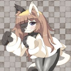 Rule 34 | 1girl, ;3, animal ear fluff, animal ears, animal nose, black fur, black pantyhose, blush, body fur, brown background, brown hair, cat, cat ears, cat girl, cat tail, checkered background, claws, commentary request, cowboy shot, deemo, dress, furrification, furry, furry female, girl (deemo), highres, leaning forward, long hair, long sleeves, one eye closed, osa0801, pantyhose, partial commentary, paw pose, purple eyes, simple background, snout, solo, standing, tail, two-tone fur, white dress, white fur