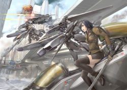 Rule 34 | 1girl, aircraft, airplane, battle, black eyes, black hair, boots, building, catch the sky, catch the sky earth sos, city, cockpit, day, explosion, fighter jet, fire, fire, gatling gun, gloves, gun, highres, jet, knight vogel s-01, kuratch, mecha, military, military vehicle, miniskirt, open mouth, original, outdoors, perspective, road, robot, saeki rei, sign, skirt, sky, skyscraper, smoke, solo, source request, street, sword, thighhighs, traffic light, uniform, weapon