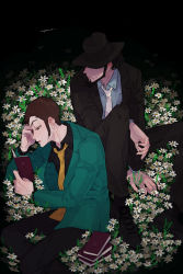 Rule 34 | 2boys, arsene lupin iii, beard, black hair, book, brown hair, commentary request, covered eyes, facial hair, flower, formal, hand on own face, hat, highres, jigen daisuke, lupin iii, male focus, multiple boys, open mouth, reading, short hair, sideburns, sitting, suit, urourooooo