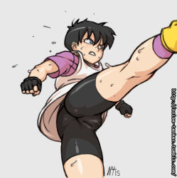 Rule 34 | 1girl, ass, bad id, bad tumblr id, bike shorts, black hair, blue eyes, cameltoe, cleft of venus, clenched hands, dragon ball, dragonball z, fingerless gloves, from below, gloves, grey background, kicking, no panties, noise tanker, shirt, short hair, simple background, socks, solo, sweat, t-shirt, tank top, videl