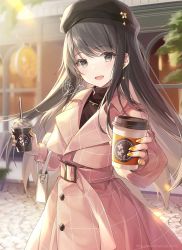Rule 34 | 1girl, :d, bag, belt, belt buckle, beret, black hat, black shirt, buckle, coat, coffee cup, commentary request, cup, day, disposable cup, grey eyes, grey hair, hat, holding, holding cup, kagachi saku, long hair, long sleeves, looking at viewer, nail polish, open mouth, orange nails, original, outdoors, pink belt, pink coat, shirt, shoulder bag, signature, smile, solo, very long hair