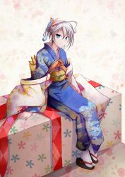 Rule 34 | 10s, 1girl, anastasia (idolmaster), arm support, blue eyes, floral print, folded ponytail, fudo shin, gift, highres, idolmaster, idolmaster cinderella girls, japanese clothes, kimono, looking at viewer, oversized object, silver hair, sitting, smile, solo, valentine
