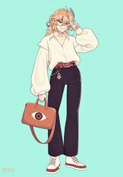 Rule 34 | 1boy, bag, belt, black pants, blonde hair, blue background, brown belt, brown eyes, chui art, collarbone, collared shirt, feather hair ornament, feathers, full body, genshin impact, hair between eyes, hair ornament, highres, holding, holding bag, kaveh (genshin impact), male focus, pants, parted lips, salute, shirt, shirt tucked in, shoes, smile, sneakers, solo, two-finger salute, vision (genshin impact), white footwear, white shirt