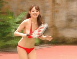 Rule 34 | 1girl, animated, animated gif, asian, bikini, bouncing breasts, breasts, brown hair, copyright request, japanese (nationality), large breasts, long hair, lowres, navel, outdoors, photo (medium), racket, red bikini, running, shinozaki ai (gravure idol), sideboob, slow motion, solo, swimsuit, tagme, tennis racket, twintails