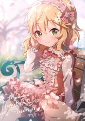 Rule 34 | 1boy, 1girl, blonde hair, blurry, blurry background, blush, breasts, character name, cherry blossoms, closed mouth, dappled sunlight, dated, day, dot nose, dress, falling petals, floral print, flower, frilled dress, frills, from side, grass, green eyes, grey jacket, hair ribbon, hairband, hand up, happy birthday, highres, holding, holding flower, idolmaster, idolmaster cinderella girls, idolmaster cinderella girls starlight stage, jacket, layered skirt, long sleeves, looking at viewer, neck ribbon, on bench, outdoors, petals, pink dress, pink hairband, pink ribbon, print dress, producer (idolmaster), ribbon, sakurai momoka, shadow, shinonoko (tubamecider), shirt, short hair, sitting, skirt, small breasts, smile, solo focus, sunlight, tree, white shirt