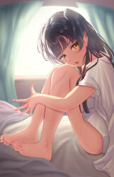 Rule 34 | 1girl, :o, absurdres, bare legs, barefoot, bed sheet, black hair, blush, commentary, hand on own hip, head tilt, highres, idolmaster, idolmaster shiny colors, indoors, knees up, looking at viewer, looking to the side, mayuzumi fuyuko, misanga (hxjd5354), naked shirt, on bed, shirt, shirt on shoulders, sitting, solo, sunlight, sweatdrop, toes, two side up, white shirt