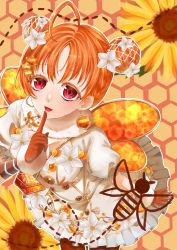 Rule 34 | 1girl, absurdres, animal print, artist name, artist request, bee print, blush, braid, breasts, brown gloves, brown legwear, butterfly print, butterfly wings, buttons, cleavage, close-up, double bun, dress, earrings, female focus, finger to mouth, flower, flower dress, frilled skirt, frills, fur-trimmed gloves, fur collar, fur trim, gloves, hair bun, hair flower, hair ornament, hairclip, highres, honeycomb (pattern), honeycomb background, honeycomb earrings, honeycomb hair ornament, honeycomb ornament, insect wings, jewelry, looking at viewer, love live!, love live! school idol festival, love live! school idol festival all stars, love live! sunshine!!, medium breasts, miniskirt, orange gloves, orange hair, orange legwear, orange wings, parted lips, plaid, plaid dress, plaid skirt, pleated, pleated dress, pleated skirt, puffy short sleeves, puffy sleeves, red eyes, short hair, short sleeves, side braid, signs of spring (love live!), single braid, skirt, smile, solo, sunflower, takami chika, white dress, white flower, white skirt, wings