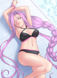 Rule 34 | 00s, 1girl, armpits, arms up, bikini, black bikini, bracelet, braid, breasts, fate/stay night, fate (series), jewelry, light smile, long hair, looking at viewer, lying, medusa (fate), medusa (rider) (fate), navel, official alternate costume, on back, one eye closed, pool, poolside, purple hair, solo, square pupils, swimsuit, very long hair, zen