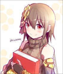 Rule 34 | 1girl, book, brown eyes, brown hair, detached sleeves, fingerless gloves, gloves, hair ornament, holding, holding book, k-suwabe, looking at viewer, oshiro project:re, sendai (oshiro project), short hair, smile, solo, turtleneck, twitter username