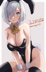 Rule 34 | 1girl, absurdres, animal ears, between legs, black leotard, black thighhighs, blue eyes, border, bow, bowtie, breasts, brown background, covered navel, dated, detached collar, fake animal ears, grey hair, hair ornament, hair over one eye, hairclip, hamakaze (kancolle), highres, kantai collection, large breasts, leotard, looking at viewer, playboy bunny, rabbit ears, shiomugi (shio mugi1107), short hair, solo, strapless, strapless leotard, thighhighs, traditional bowtie, twitter username, white border, wrist cuffs