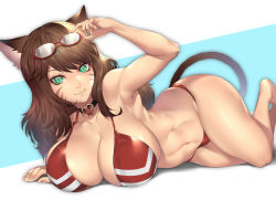 Rule 34 | 1girl, adjusting eyewear, animal ears, arm support, arm up, armpits, warrior of light (ff14), bad id, bad pixiv id, bare shoulders, barefoot, bikini, black choker, blue background, borrowed character, breasts, brown hair, cat ears, cat tail, choker, cleavage, collarbone, commentary, commission, eyewear on head, facial mark, final fantasy, final fantasy xiv, glasses, green eyes, groin, hair between eyes, huge breasts, long hair, looking at viewer, lying, midriff, miqo&#039;te, nasaniliu, navel, on side, red bikini, shadow, sidelocks, simple background, skindentation, slit pupils, smile, solo, swimsuit, tail, toned, two-tone background, whisker markings, white background