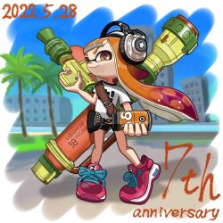 Rule 34 | anniversary, closed mouth, commentary request, dated, furu spla, headphones, highres, holding, holding weapon, inkling, inkling girl, inkling player character, inkzooka (splatoon), long hair, nintendo, orange eyes, orange hair, palm tree, pointy ears, shoes, smile, splatoon (series), splatoon 1, splattershot (splatoon), suction bomb (splatoon), tentacle hair, tree, weapon