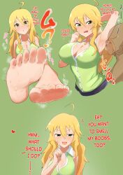 Rule 34 | 1boy, 1girl, absurdres, ahoge, arm up, armpits, barefoot, blonde hair, blush, breasts, cleavage, daba (wandaba), faceless, faceless male, feet, foot focus, green background, green eyes, hard-translated, highres, hoshii miki, idolmaster, idolmaster (classic), large breasts, long hair, looking at viewer, open mouth, smell, smelling armpit, soles, steam, steaming body, sweat, third-party edit, toes, translated
