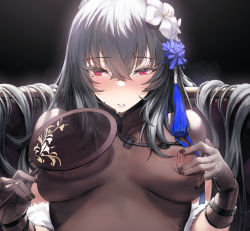 Rule 34 | 1girl, azur lane, black dress, black gloves, black nails, blush, breasts, china dress, chinese clothes, commentary request, covered erect nipples, dress, flower, fur trim, gloves, hair between eyes, hair flower, hair ornament, hand on own chest, highres, large breasts, long hair, looking at viewer, mochirong, mole, mole under eye, nail polish, nipple stimulation, nipple tweak, nipples, official alternate costume, red eyes, saint-louis (alluring administrator) (azur lane), saint-louis (azur lane), see-through, silver hair, solo, sweat, upper body, white flower
