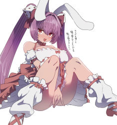 Rule 34 | 1girl, animal ears, ass, blush, bow, breasts, choker, cleavage, covering privates, covering crotch, di gi charat, dice, dice hair ornament, dress, frilled dress, frilled socks, frills, hair ornament, large breasts, long hair, looking at viewer, no panties, open mouth, pink hair, rabbit ears, rabbit tail, red eyes, ribbon, simple background, sitting, socks, solo, sumiyao (amam), sweat, tail, translated, twintails, usada hikaru, white background, white socks