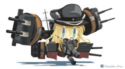 Rule 34 | 1girl, artist name, bad id, bad pixiv id, bismarck (kancolle), bismarck drei (kancolle), blonde hair, blue eyes, cannon, chameleon man (three), chibi, full body, hat, kantai collection, long hair, no lineart, no mouth, peaked cap, rigging, simple background, solo, standing, standing on one leg, turret, white background