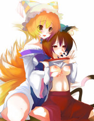 Rule 34 | 2girls, animal ears, blonde hair, blush, grabbing another&#039;s breast, breasts, brown eyes, brown hair, cat ears, cat girl, cat tail, chen, clothes lift, couple, eyes visible through hair, female focus, finger in another&#039;s mouth, fox ears, fox tail, grabbing, hat, highres, karochii, large breasts, multiple girls, multiple tails, nipples, open mouth, shirt lift, short hair, tail, touhou, yakumo ran, yuri