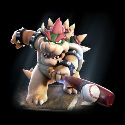 Rule 34 | 1boy, baseball, baseball bat, black background, bowser, colored skin, furry, furry male, green skin, highres, male focus, mario (series), mario sports superstars, nintendo, official art, red eyes, red hair, simple background, solo, yellow skin