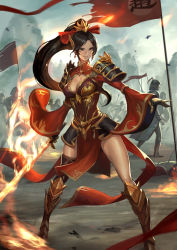 Rule 34 | 1girl, 6+others, armor, black hair, breasts, cleavage, earrings, fire, flag, fire, flaming sword, flaming weapon, gauntlets, greaves, grin, helmet, holding, holding flag, holding polearm, holding spear, holding sword, holding weapon, jewelry, long hair, long sleeves, mountain, multiple others, orange eyes, outdoors, parted lips, pauldrons, phamoz, polearm, ponytail, sangokushi taisen, shield, shoulder armor, single earring, smile, solo focus, spear, standing, sword, torn, torn flag, very long hair, walking, wang yi, war, weapon, wide sleeves