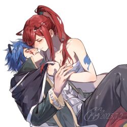 Rule 34 | 1boy, 1girl, animal ears, arm tattoo, bare arms, bare shoulders, black cape, black pants, blue hair, blush, breasts, cape, cat ears, chest sarashi, cleavage, colored skin, erza scarlet, facial tattoo, fairy tail, fairy tail logo, green jacket, half-closed eyes, high collar, high ponytail, highres, imminent kiss, jacket, jellal fernandes, jyukawa, long hair, lying on person, medium breasts, pants, red eyes, red hair, red pants, sarashi, shirt, shirt grab, short hair, simple background, surprised, tattoo, teeth, white background, white skin