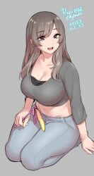 Rule 34 | 1girl, agawa ryou, blue pants, breasts, brown eyes, brown hair, cleavage, grey background, grey shirt, large breasts, long hair, low neckline, midriff, navel, open mouth, original, pants, seiza, shirt, sitting, solo