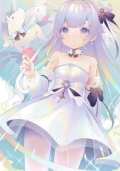 Rule 34 | 1girl, absurdres, azur lane, bare shoulders, blurry, bow, bridal veil, choker, commentary request, depth of field, detached sleeves, dress, earrings, gradient hair, hair bow, hair bun, hair ribbon, highres, hina (bird salty), jewelry, long hair, looking at viewer, multicolored hair, off-shoulder dress, off shoulder, one side up, pantyhose, petals, purple eyes, purple hair, ribbon, side bun, single hair bun, single side bun, smile, solo, sparkle, unicorn (a dream of pure vows) (azur lane), unicorn (azur lane), veil, wedding dress, white dress, white pantyhose, winged unicorn