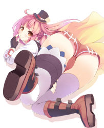 Rule 34 | 10s, 1girl, ass, blush, boots, brown eyes, facial tattoo, female focus, fingerless gloves, from behind, gender request, genderswap, gloves, hair bobbles, hair ornament, hat, heart, heart tattoo, komone ushio, log horizon, looking at viewer, looking back, pink hair, purple thighhighs, short shorts, shorts, smile, solo, tattoo, tetra (log horizon), thighhighs
