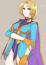 Rule 34 | 1girl, blonde hair, breasts, cape, closed mouth, floral background, gloves, highres, ilia silvestri, leotard, long hair, looking at viewer, low-tied long hair, medium breasts, mppko, simple background, smile, solo, star ocean, star ocean first departure, yellow eyes
