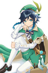 Rule 34 | 1boy, absurdres, androgynous, beret, black hair, blue hair, bow, braid, brooch, cape, closed mouth, collared cape, collared shirt, commentary request, corset, diamond (shape), feathers, flower, frilled sleeves, frills, gem, genshin impact, gradient hair, green cape, green eyes, green hat, green shorts, hand on own cheek, hand on own face, hat, hat flower, highres, jewelry, leaf, long sleeves, looking at viewer, male focus, multicolored hair, pantyhose, shirt, shoes, short hair with long locks, shorts, shuvalun8, side braids, sidelocks, simple background, smile, solo, twin braids, venti (genshin impact), vision (genshin impact), white background, white flower, white pantyhose, white shirt