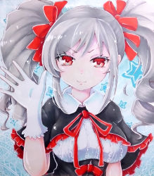 Rule 34 | 10s, 1girl, bad id, bad pixiv id, blue background, breasts, cape, capelet, cyanomirahi, drill hair, gloves, highres, idolmaster, idolmaster cinderella girls, kanzaki ranko, long hair, looking at viewer, red eyes, red ribbon, ribbon, short hair, silver hair, simple background, smile, solo, star (symbol), twintails, waving