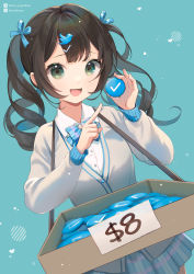 Rule 34 | 1girl, :d, badge, bird, black hair, blue bow, blue bowtie, blue ribbon, blue skirt, blunt bangs, bow, bowtie, box, button badge, cardigan, checklist, dollar sign, drill hair, green eyes, grey cardigan, grey skirt, hair ornament, hair ribbon, heart, highres, holding, index finger raised, instagram username, kamui (kamuikaoru), light blue background, light blue ribbon, long sleeves, looking at viewer, open mouth, original, penguin, plaid, plaid skirt, pleated skirt, pointing, price, ribbon, sale, shirt, sign, simple background, skirt, sleeve cuffs, smile, too many, twintails, twitter, twitter logo, twitter username, twitter verified checkmark, white shirt