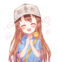 Rule 34 | 10s, 1girl, :d, ^ ^, bad id, bad pixiv id, bag, blue shirt, blush, brown hair, character name, closed eyes, clothes writing, facing viewer, fingernails, flat cap, foreign blue, grey hat, hands up, hat, hataraku saibou, long hair, open mouth, own hands together, platelet (hataraku saibou), round teeth, shirt, short sleeves, shoulder bag, simple background, smile, solo, teeth, upper body, upper teeth only, very long hair, white background